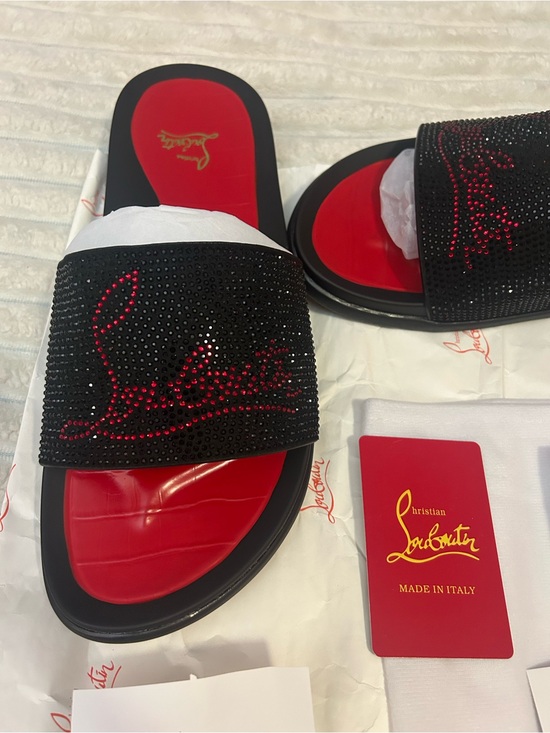 Christian Louboutin Black Crystal Slide Sandals with Red Insole and Red Sole main image 4